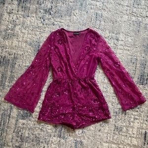 Pretty Little Thing Women’s Size 4 Dark Pink Sparkle Embroidered Romper